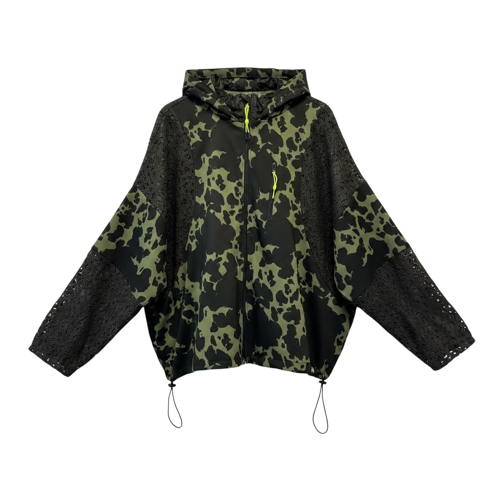 Hooded Batwing Zip Olive Lace